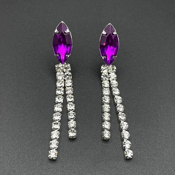 Silver with Purple Amethyst and White Diamond Crystal Dangling Post Earrings - Picture 2 of 10